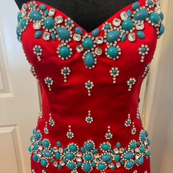 Red and Turquoise Jeweled Ashely Lauren Gown, Size 6 - Picture 1 of 6
